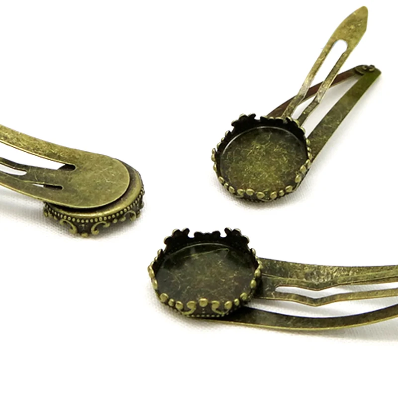 cheap 10pcs with inner 15mm New Hair Jewelry Wholesale Antique Bronze Hair Clips Blank Crown Cameo Bezel Setting Cabochons Tray