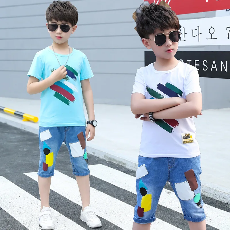 Boys Summer Clothes Set 2019 Color Print T-shirts and Geommetric Jeans Shorts 2pcs for Kids Outfits 4 6 8 12Yrs |