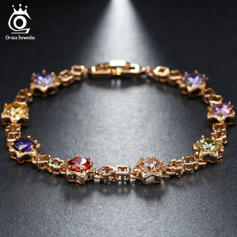 

ORSA JEWELS Star Shape Gold-Color Crystal Chain Link Bracelet AAA Austrian Cubic Zirconia Colorful Bracelets for Women OMB12