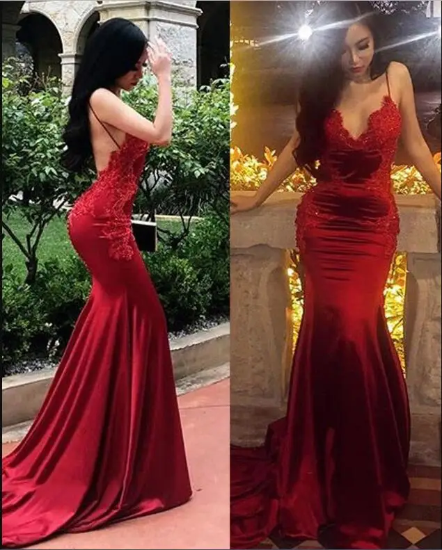 

Sexy Design Mermaid Dark Red Backless Prom Dresses Sweep Train Appliques Lace New Arrival Women Evening Long Dresses