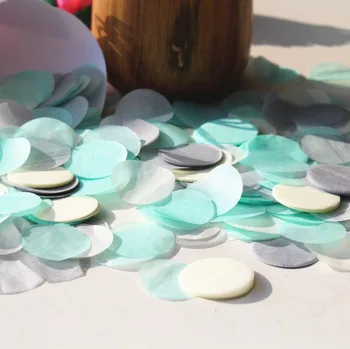 

Mint green ivory grey silver wedding party guests flower girl throwing circle confetti balloon biodegradable tissue paper