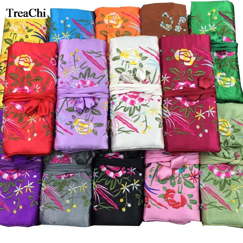 

5Pcs Chinese Wind Silk Jewelry Organizer Pouches Bag Cute Silk Embroidery Flower Bird Ring Bar Zipper Bag Gift Travel Roll Bag