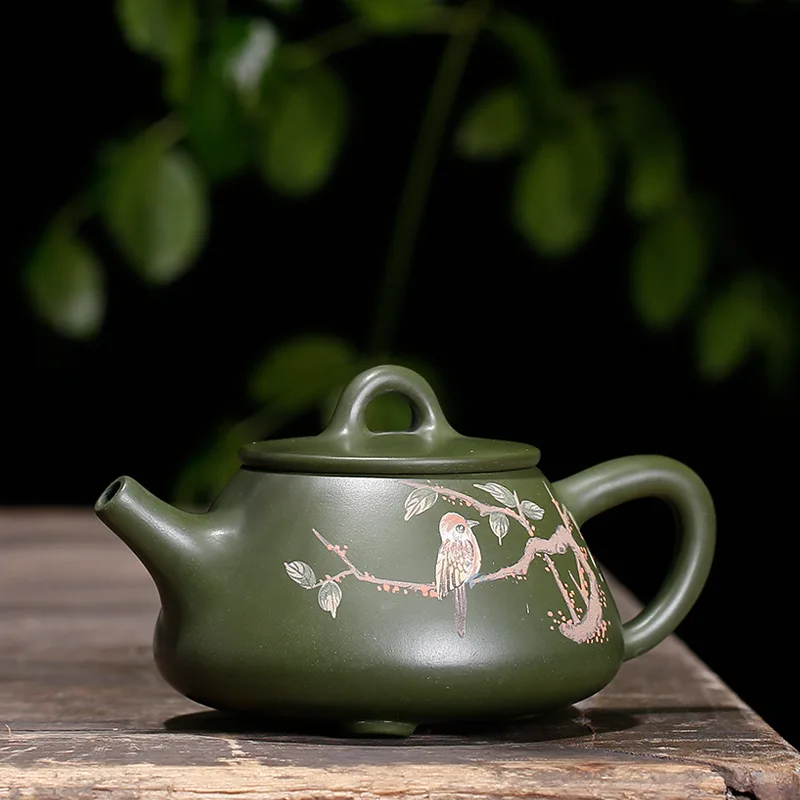 Free Shipping 260ML Rare Green Clay Handmade painted Teapot High Grade