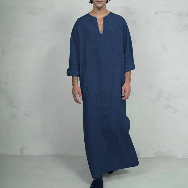

MJARTORIA Men's Casual Comfortable Cotton V-Neck Long Sleeve Side Split Vintage Robes New Muslim Islamic Arab Kaftan Soft Robes