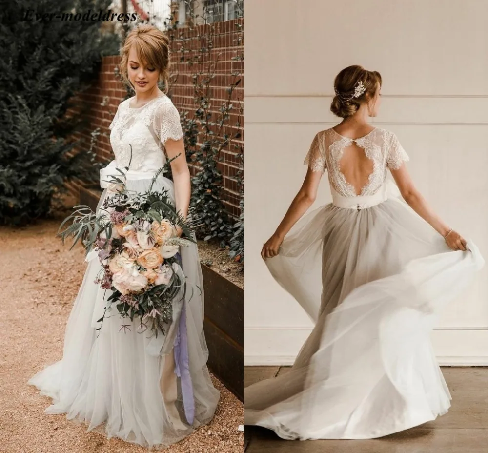 

2019 Simple Bohemian Wedding Dresses for Bride Jewel Open Back Lace A Line Sweep Train Country Bridal Gowns Robe De Mariee Cheap