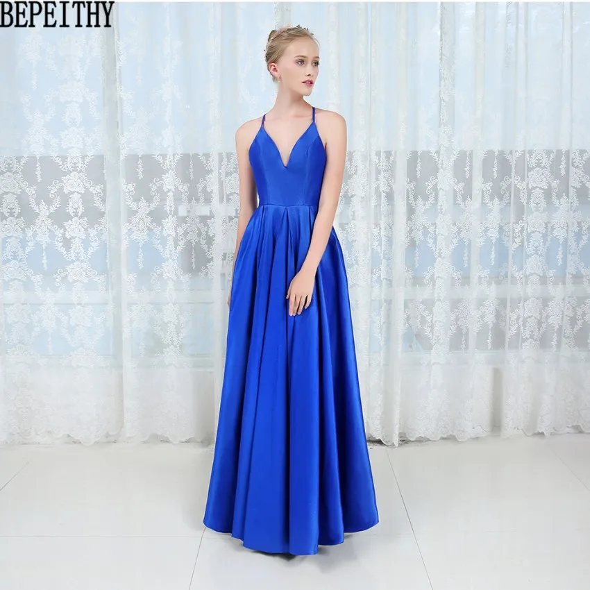 BEPEITHY vestido de festa новые сексуальные платья с глубоким v-образным вырезом для выпускного вечера простое синее платье Длинные вечерние платья - Цвет: Синий