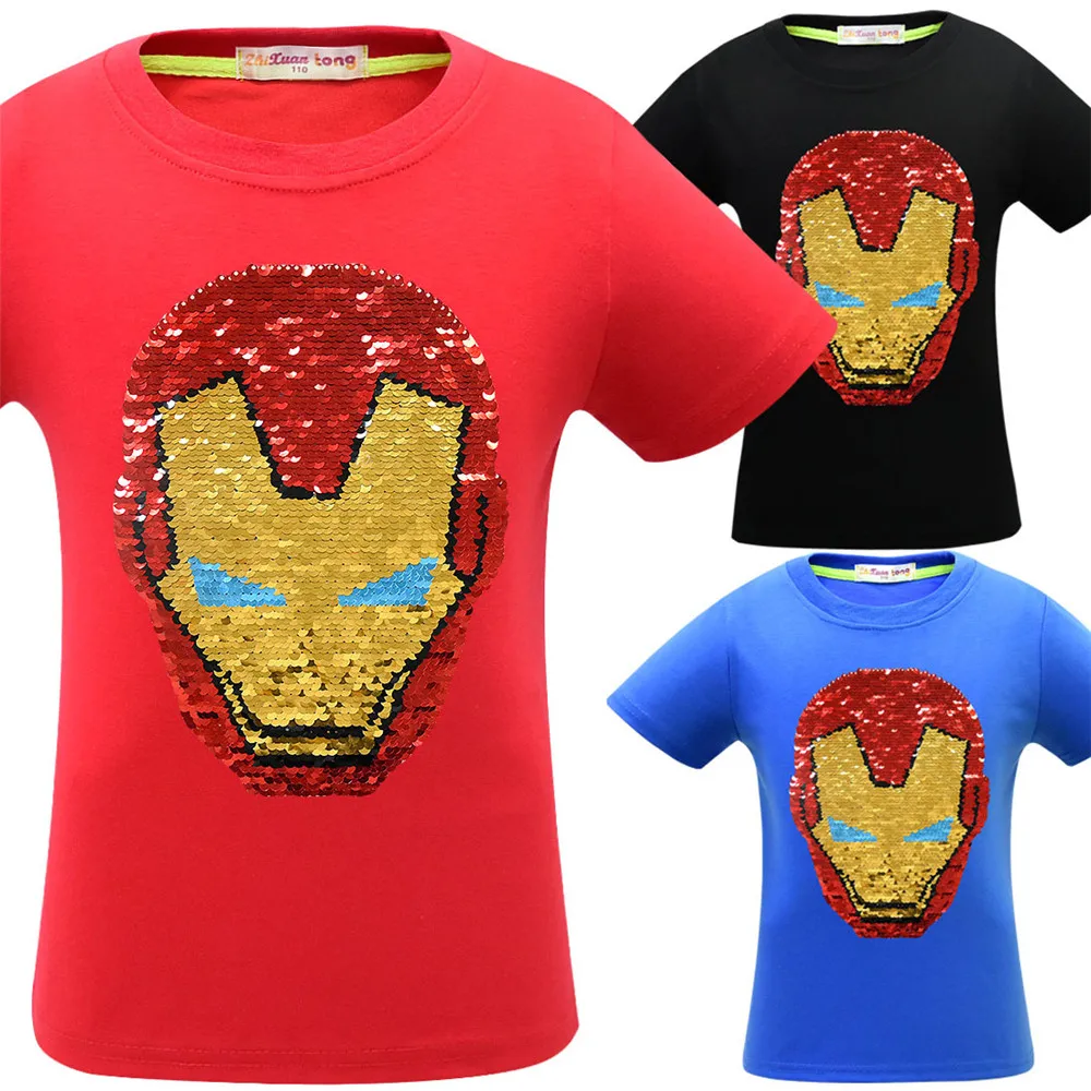 

Cosplay Avengers 4 Endgame T Shirt Children Boy Change Color Sequins Letter Print T-shirt Kid Summer Iron Man Clothes costume