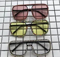 Негабаритные квадратные алмазные бусины солнцезащитные очки, прозрачные линзы очки Радуга алмаз Футляр для очков ручной работы большие