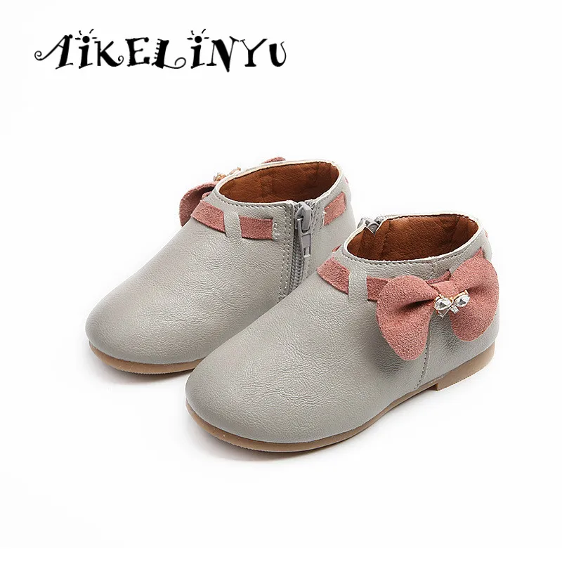 

AIKELINYU 2018 Autumn Children Boots Girls Bow Tie Leather Boots Kids Side Zipper Fashion Boots Girls Flat Martens Boots Pink