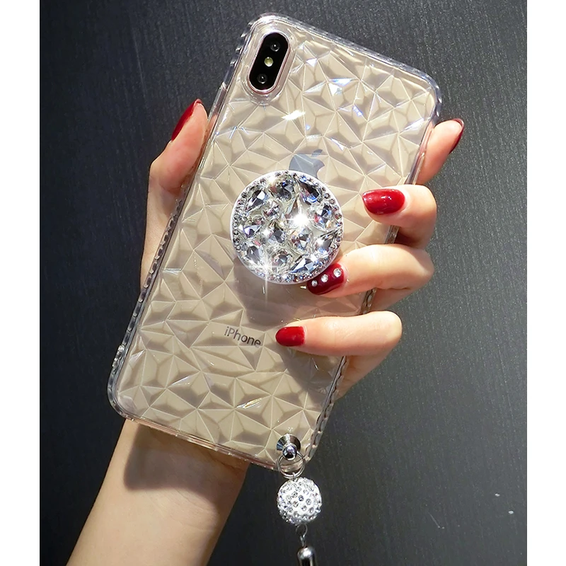 

Luxury 3D Square Diamond Stand Transparent Silicone phone case for iphone X XR XS MAX 6S 7 8 plus for samsung S8 S9 S10 Note