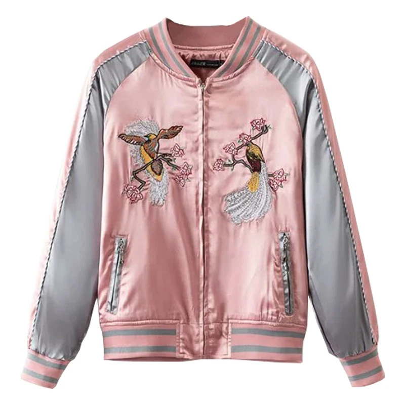 Floral Birds Embroidery Souvenir Bomber Jacket Women Baseball Pocket