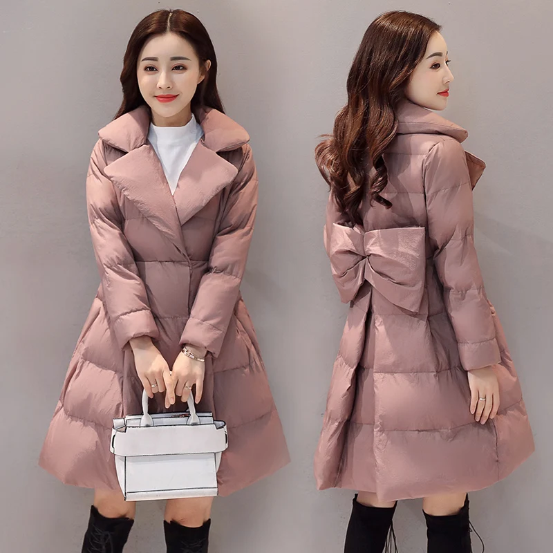Bow women's long section new lapel thick warm winter Korean women's cotton jacket a word fluffy