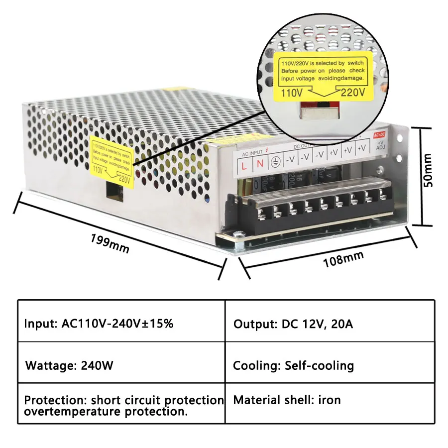 Импульсивный источник питания AC-DC Fonte 12В импульсный источник Питание 12V 1A 2A 3A 5A 6A 8A 10A 12A 15A 20A 30A 33A 40A 50A AC DC Питание импульсивный источник питания Fonte - Цвет: 12V 20A 250W