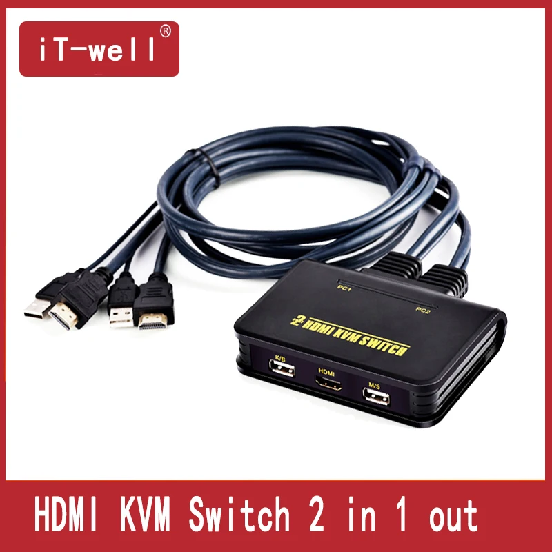 KVM переключатель 2 в 1 выход USB Авто HDMI компьютерный переключатель 2 компьютеры общая клавиатура мышь Дисплей Бесплатная 2 Кабели поддержка