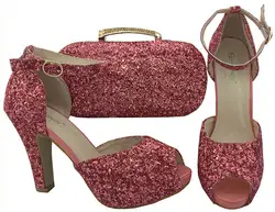 Коралловый Цвет итальянская обувь и подходящая Сумочка комплект из туфель и сумочки со стразами Вечерние обувь и сумка в комплекте для Для