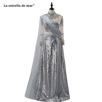 

Vestido formatura2019sequins long sleeves ALine gold Silver beauty pageant prom dresses long Sparkly Arabic INdia Evening Gowns