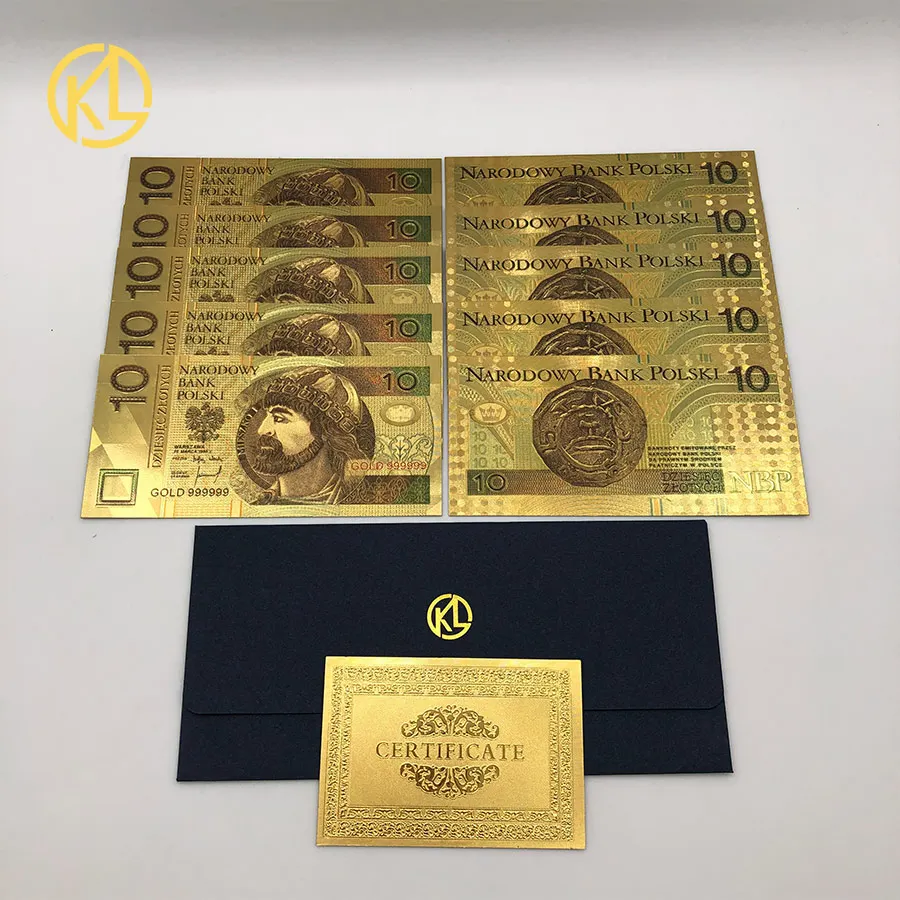 10 шт./лот, цветная 999,9 Золотая фольга для банкнот, 10 злотых, с сертификатом для деловых подарков, украшения для дома - Цвет: colored 10PLN