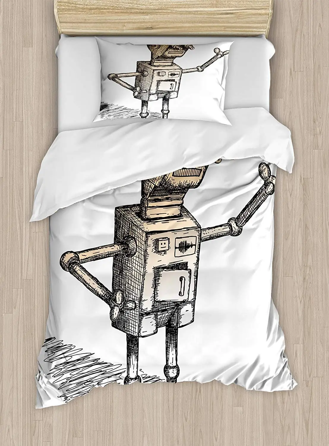 Fantasy Duvet Cover Set Hand Drawn Theme Of Robot Sketch Humor