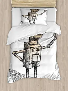 

Fantasy Duvet Cover Set Hand Drawn Theme of Robot Sketch Humor Character Artsy Illustration 3/4pcs Bedding Set
