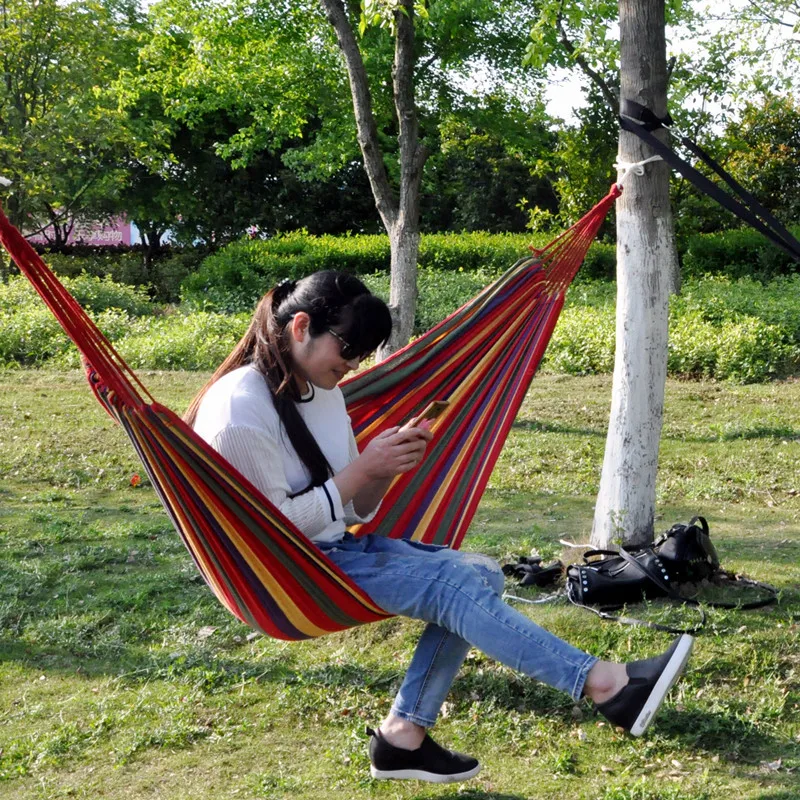 Single Hammock Adult Outdoor Travel Camping Survival Hunting Leisure canvas Rainbow Hammock Ultralight with backpack