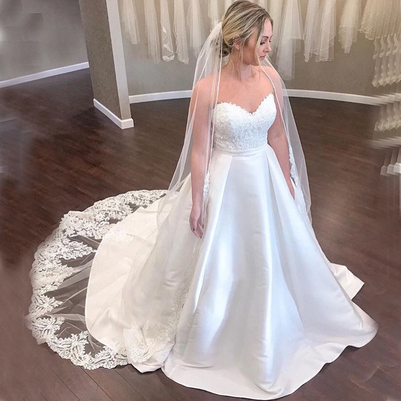 

White Ivory Plus Size A-line Wedding Dresses Sweetheart Neckline 2019 New Appliques Satin Skirt Bridal Dress Vestido De Novia