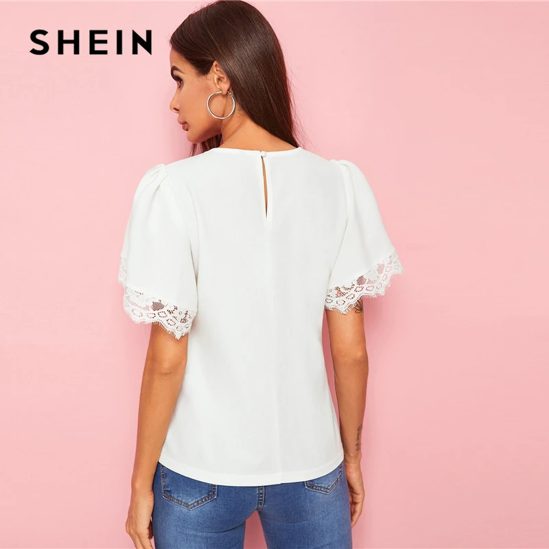 SHEIN Однотонный Топ С Оригинальным Рукавом И Кружевной Отделкой Женская Летняя Элегантная Блузка С Короткими Рукавами