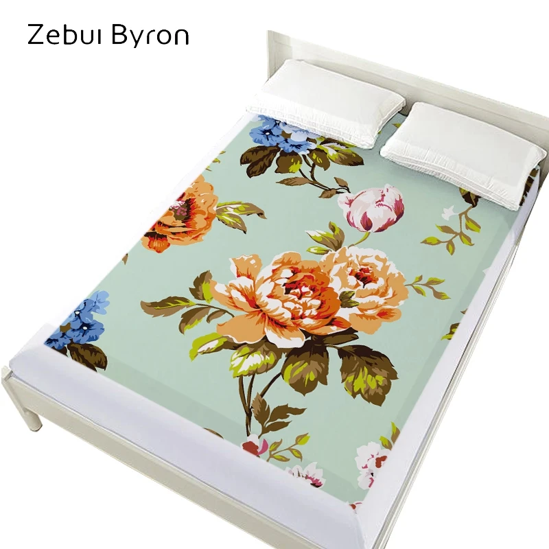 3D غطاء سرير على شريط مرن السرير ، 160x200/200x200/150x200 أوراق المجهزة ، الأزرق الزهور غطاء مرتبة ملاءات الفراش أغطية سرير