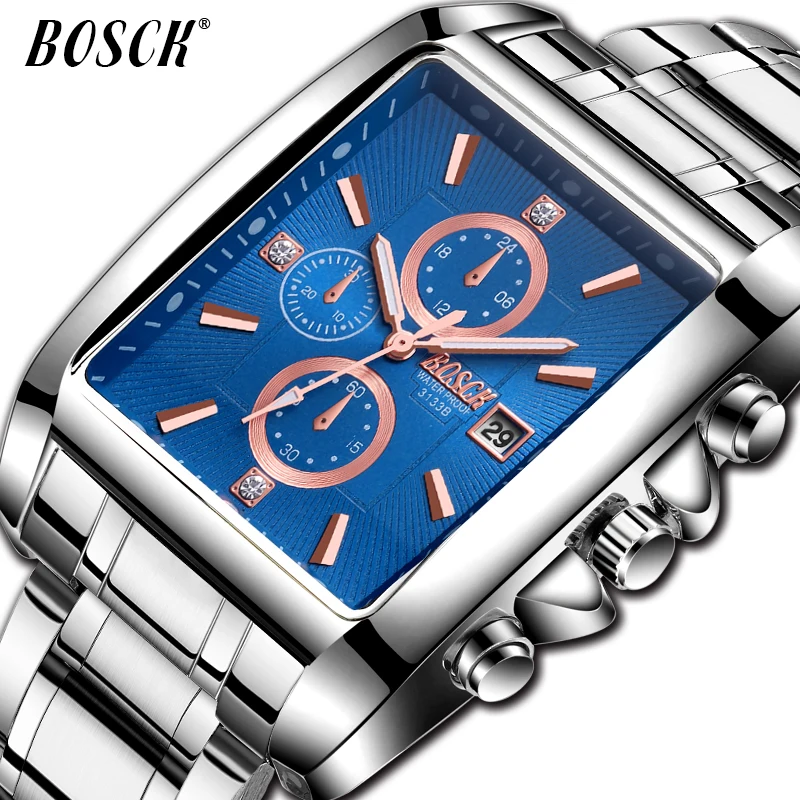 

BOSCK Luxury Brand Men Watches Business Watch Mens Military Quartz Square Watches Stainless Steel Strap Casual Wristwatch Gift