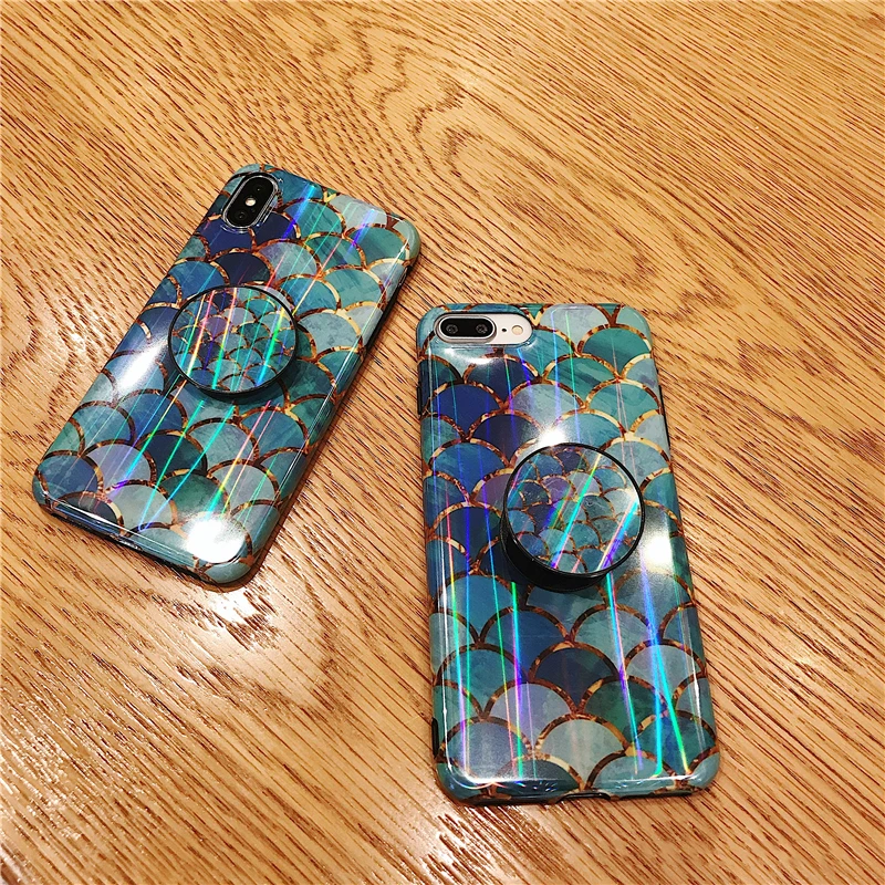 Shiny mermaid scales laser phone cases for iphone 7 8 X XR XS Max 6 S 6s 7 8 plus Ring air bag Stand holder Grip case back cover (9)