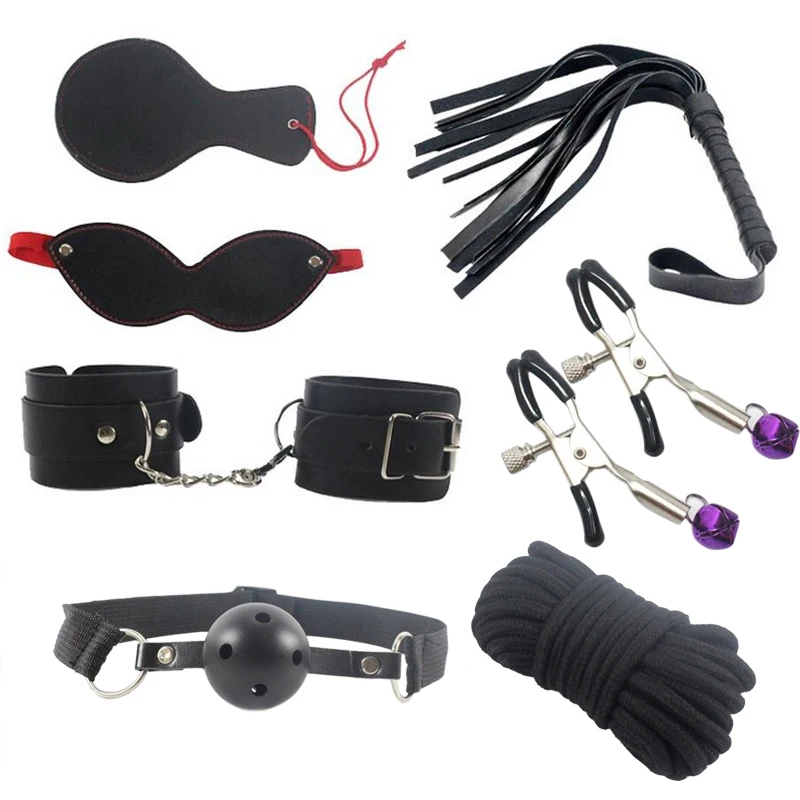 Sex Products Adult Games 8-pcs Set Gag Nipple Clamps Whip Collar Erotic Toy Leather Fetish Sex Restraint Sex Toy for Couples