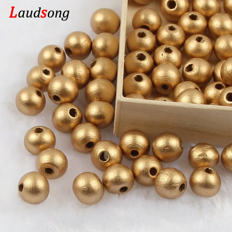 DIY 50-500pcs 6 8 10 12mm Gold Silver Natural Wooden Beads Round Ball Loose Wood Spacer Beads For Jewelry Making Accessories - Color: Gold