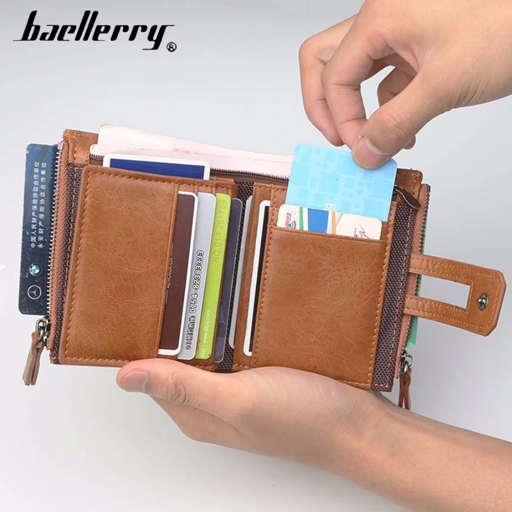  Name Engraving Men Wallets Leather Double Zipper Card Holder Short Male Purse Coin Pocket Vintage B