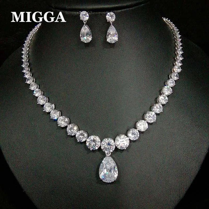 MIGGA Luxury Water Drop Shaped Cubic Zirconia Necklace Dangle Earrings Exquisite Women Bride Wedding Jewelry Set MIGGA Luxury Water Drop Shaped Cubic Zirconia Necklace Dangle Earrings Exquisite Women Bride Wedding Jewelry Set