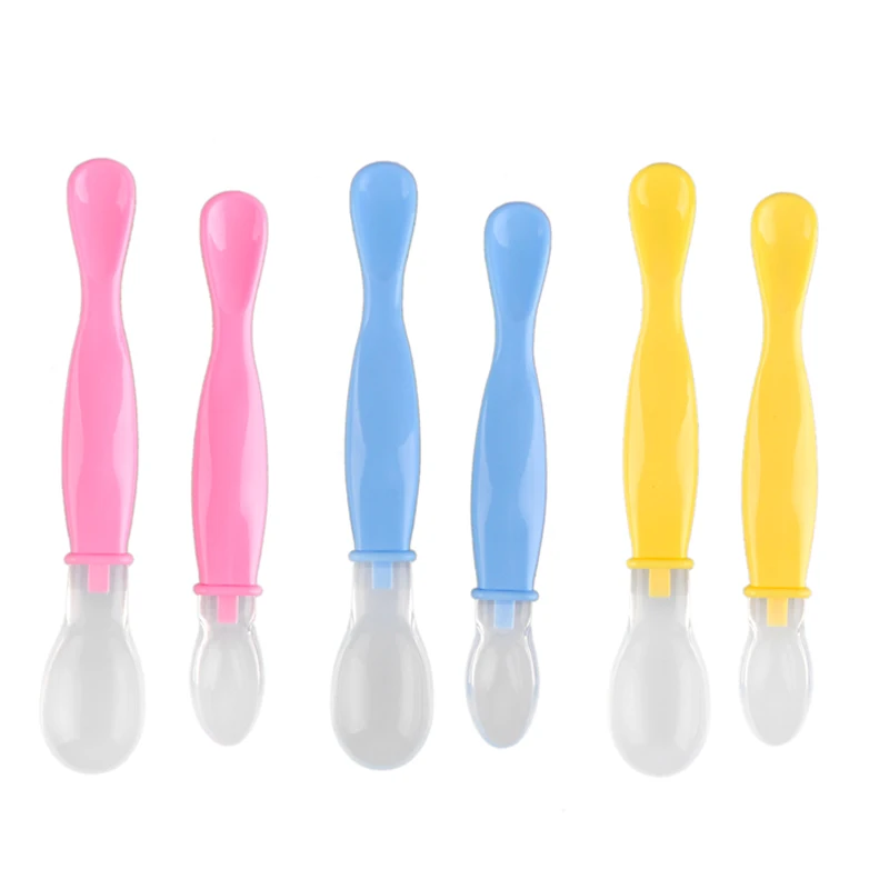 

High Quanlity 2pcs/lot Safety Soft Head Children Silicone Baby Spoon Set Baby Feeding Feeder for Kids and Fork Set Spoons Lots