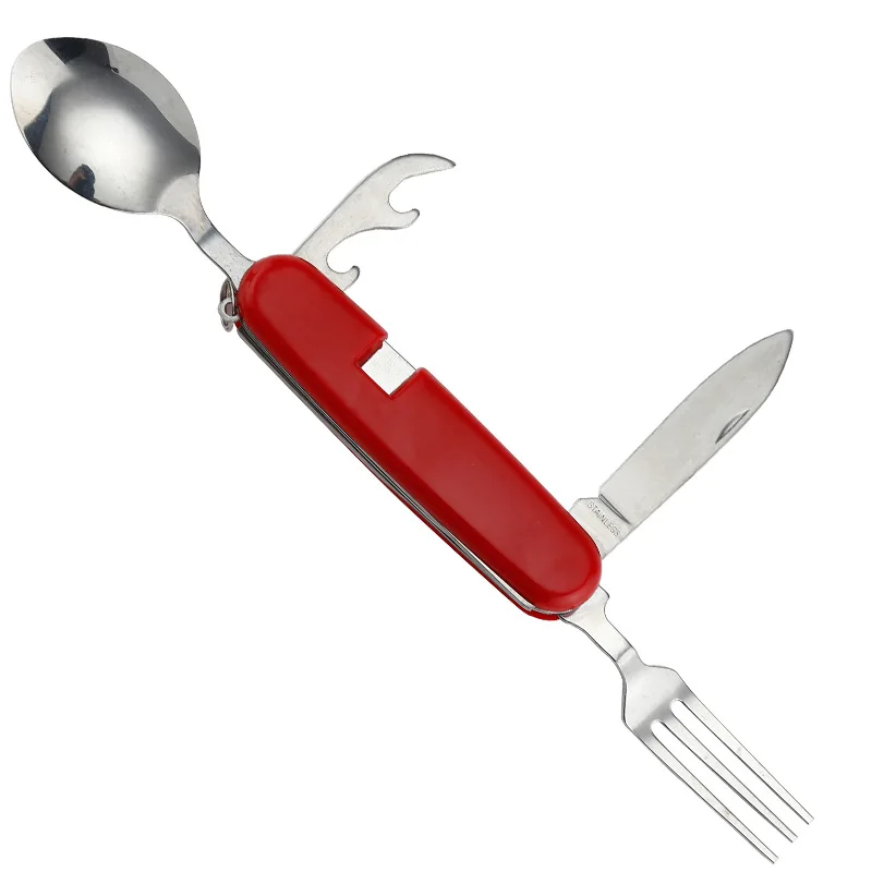 

4 in 1 Outdoor Tableware (Fork/Spoon/Knife/Bottle Opener) Camping Stainless Steel Folding Pocket Kits for Hiking Survival Travel