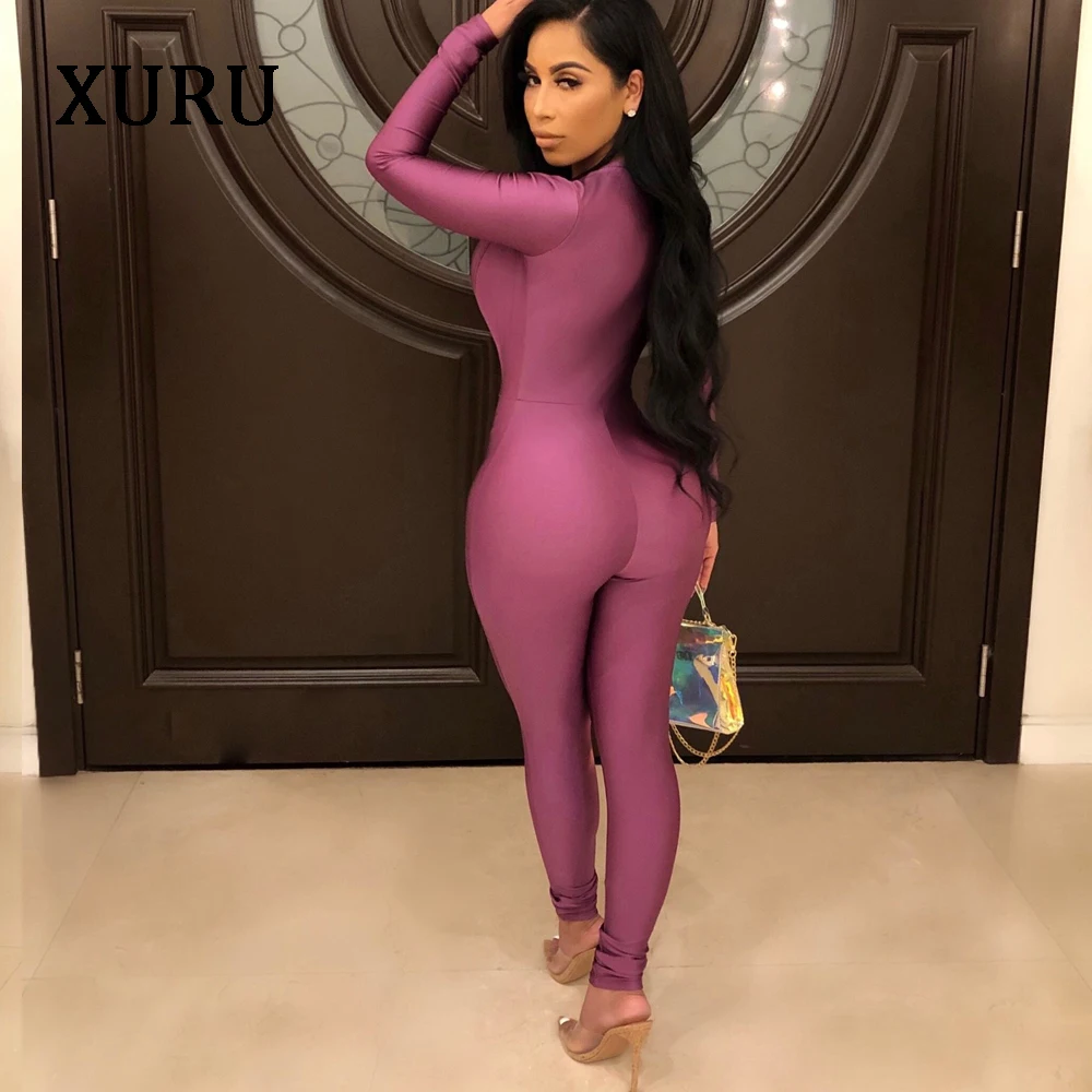 XURU Autumn And Winter Women's Solid Color Long-sleeved Sexy Deep V-neck Jumpsuit Tight Sportswear Sexy Nightclub Women's 