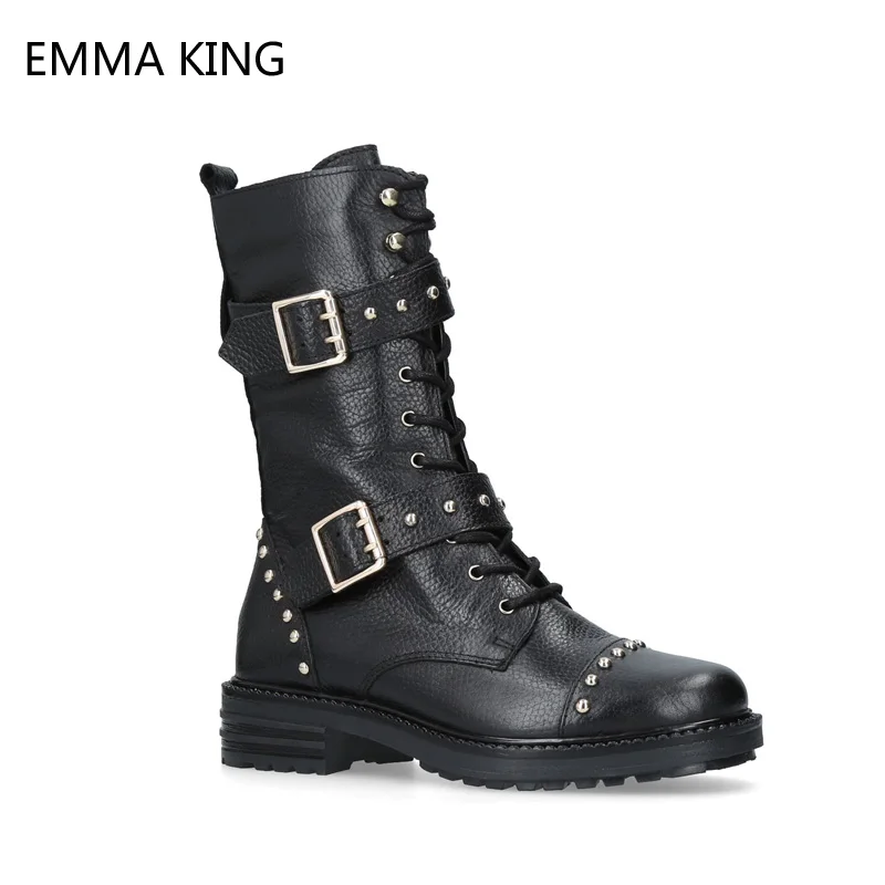 

Woman High Heels Rivets Platform Buckles Lace Up Leather Short Booties Black Ladies Shoes 2018 Autumn Women Motorcycle Boots