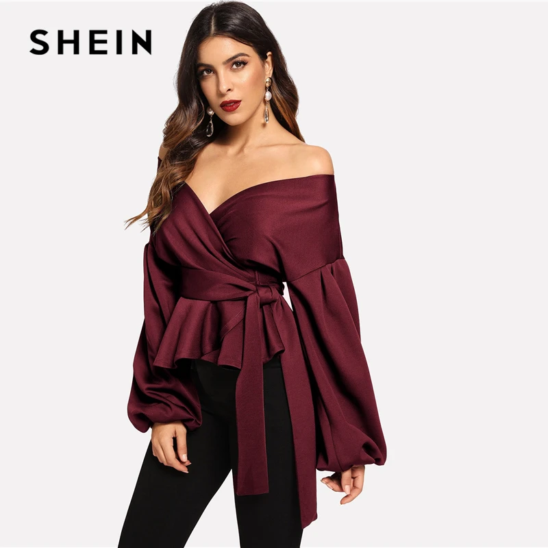 SHEIN белая офисная женская элегантная блузка с рукавом-фонариком и баской с открытыми плечами, Осенние сексуальные женские топы и блузки