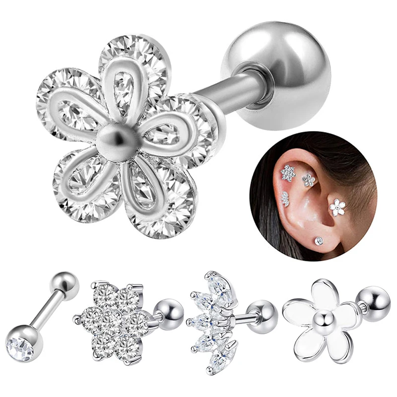 Pair Silver Cartilage Piercing Flower Ear Studs Earring Zircon Ear