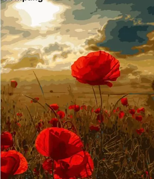 Pаспродажа Рамка diy art цветы мака картина подарок краска по номерам стены картину живописи по номерам Лен Картина home decor paint