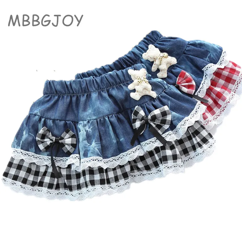 MBBGJOY 2 6Y Girls Plaid Skirt Baby Tutu Denim Jean Skirts Bow Bear