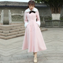 2016 Winter Woolen Coat Women Vintage Retro Pink Single Breasted Button Detachable Long Coat Jacket real