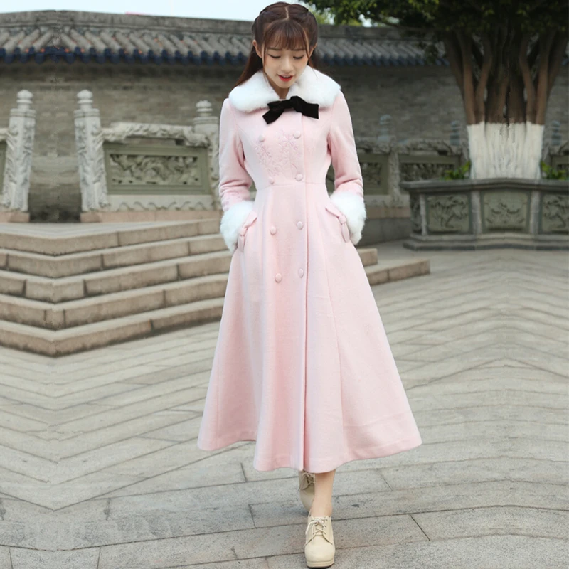 2016 Winter Woolen Coat font b Women b font Vintage Retro Pink Single Breasted Button Detachable