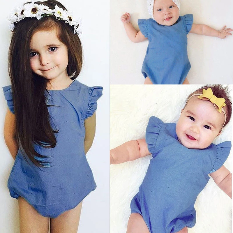2018 Summer Baby Girl Clothes Denim Romper Ruffle Sleeves Solid Blue