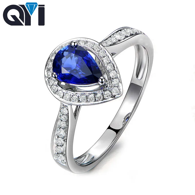 

QYI Simulated Sapphire Pear Cut Halo Rings 1ct Sona Blue Stone Jewelry Women 925 Sterling Silver Engagement Wedding Rings