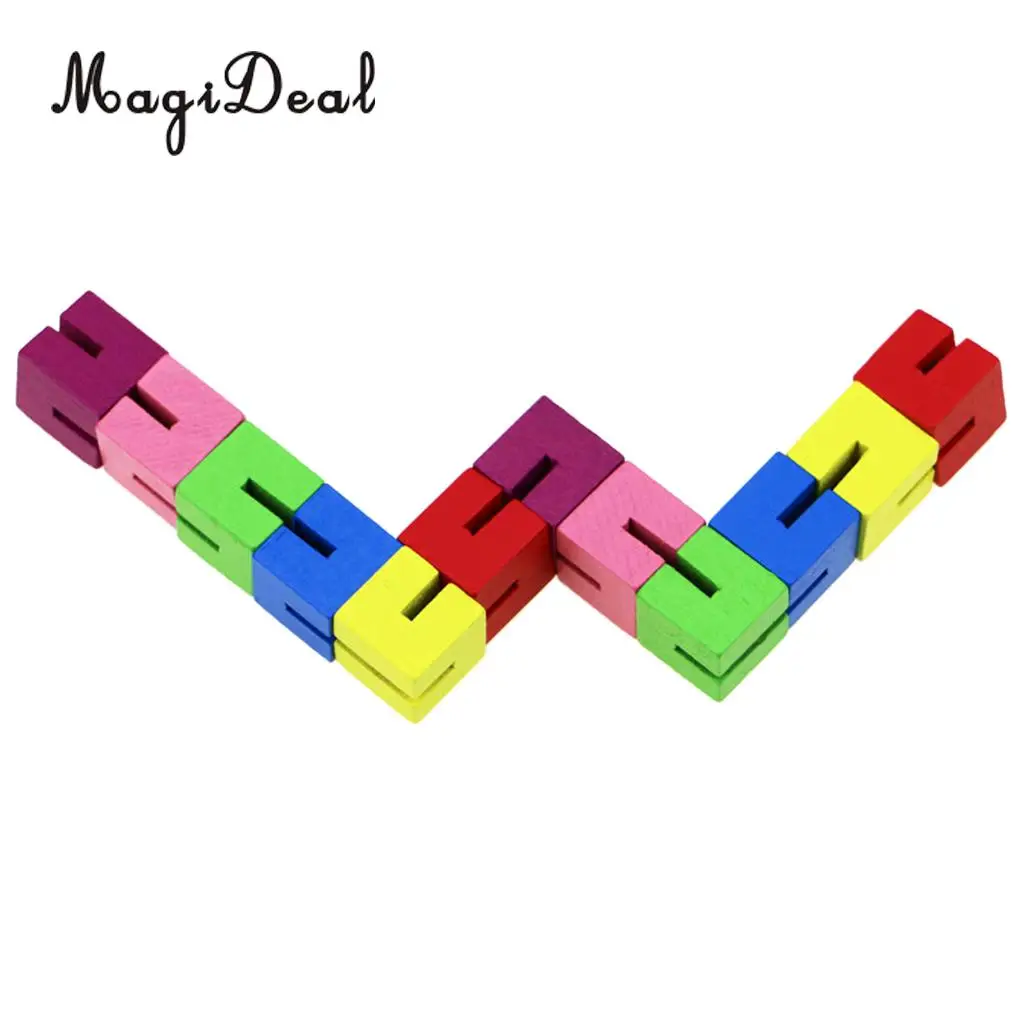 String Of 12 Wooden Blocks Cube Puzzle Shape Transforming Brain Teaser IQ & Sensory Stress Relief Toy