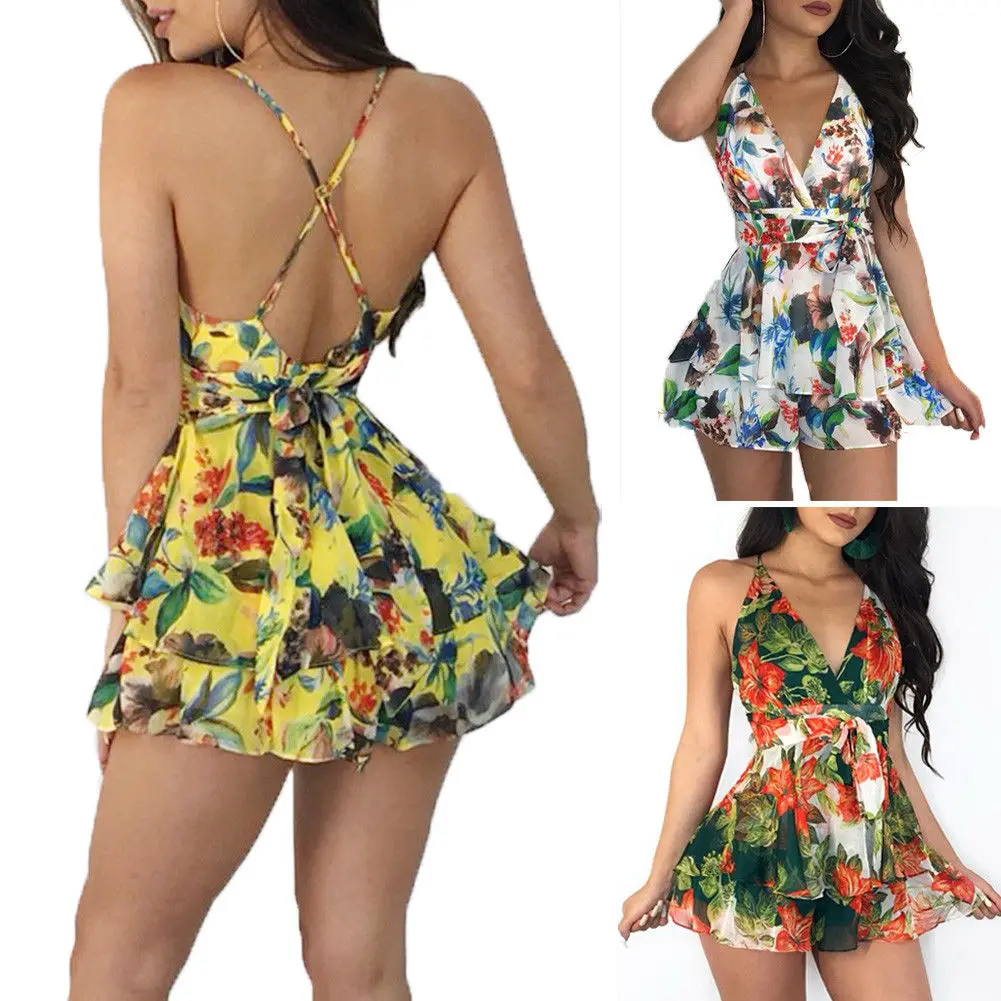 

2019 New Women Summer Floral Halter Beach Jumpsuit Clubwear Bodycon Backless Playsuit Romper Short Pants Trouser
