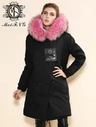 Женские зимние розовые Искусственные меховые куртки, енот мех с капюшоном 2017 черные хлопковые парки для женщин
