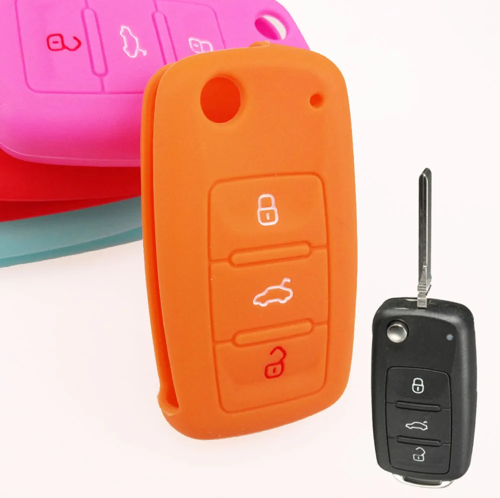Силиконовые флип ключ подходит для VW Golf Polo Passat Skoda Octavia Seat Ibiza Altea Толедо Leon Cupra 3 кнопки дистанционного управления протектор - Название цвета: Orange