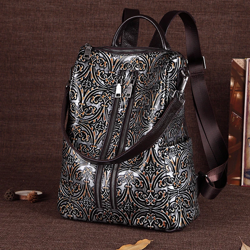 

High Quality Women Genuine Leather Backpack School Book Shoulder Bag Knapsack Luxury Daypack Travel Girls Embossed Rucksack New